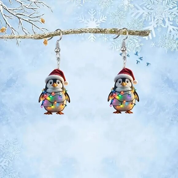 #18 2D LED Penguin Christmas Hat Charm Acrylic Pendant Earrings - Picture 1 of 3